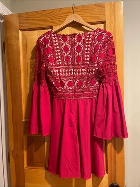 CBR Red Crochet Yoke Bell-Sleeve Mini Dress